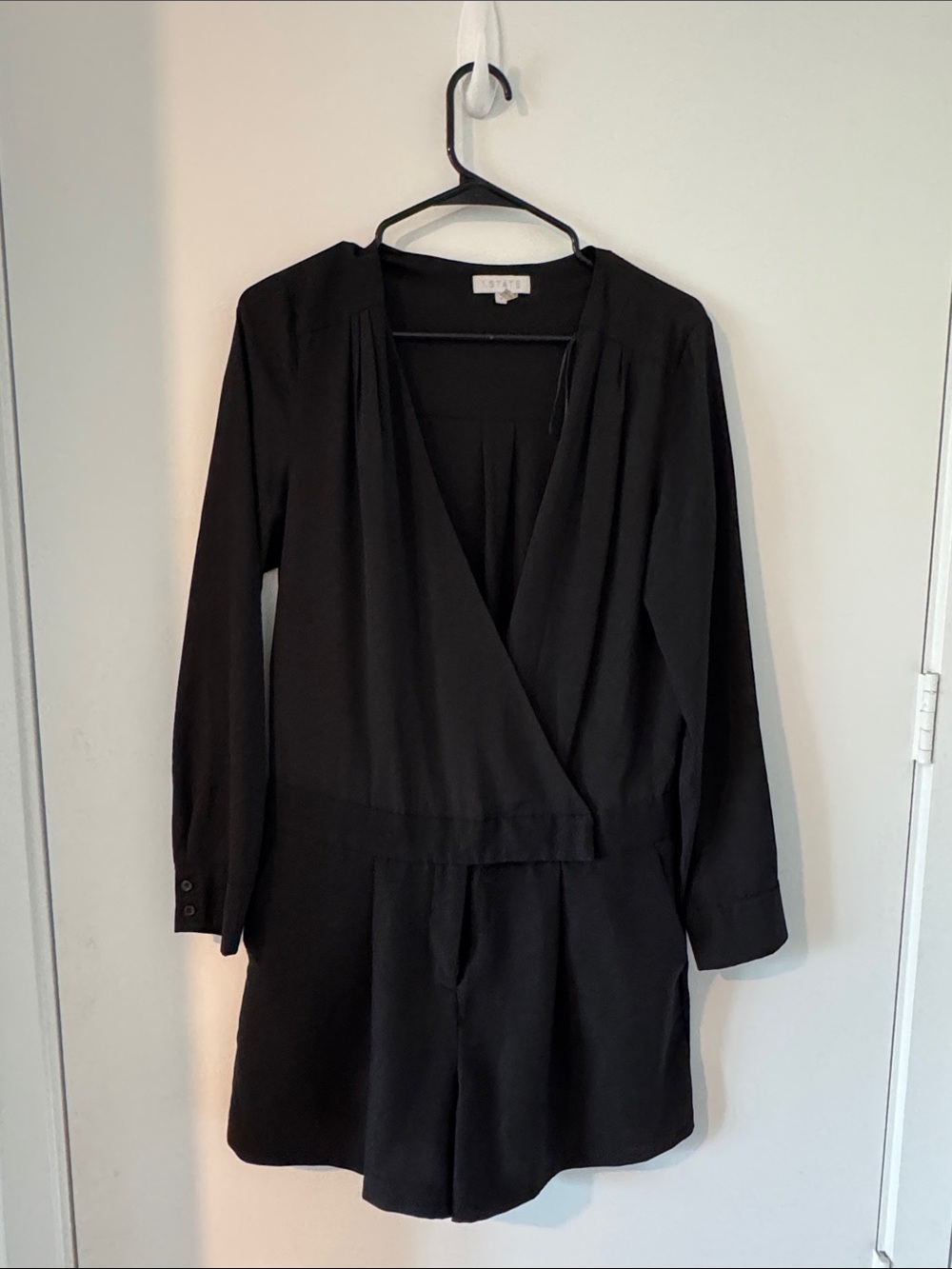 1.STATE Black Wrap Front Long Sleeve Romper